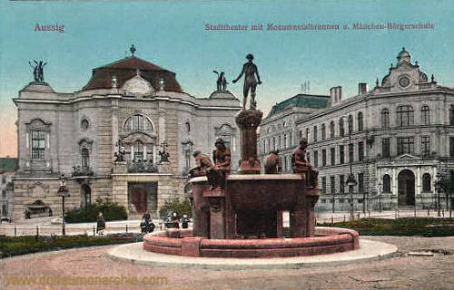 Aussig, Stadttheater Monumentalbrunnen und Mädchen-Bürgerschule