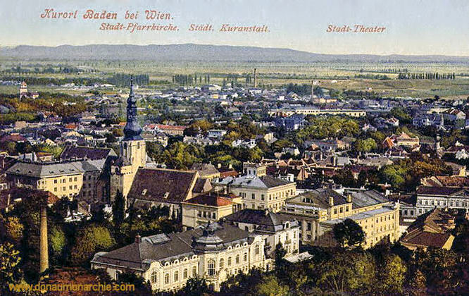 Baden bei Wien, Stadt-Pfarrkirche, Städtische Kuranstalt, Stadt-Theater