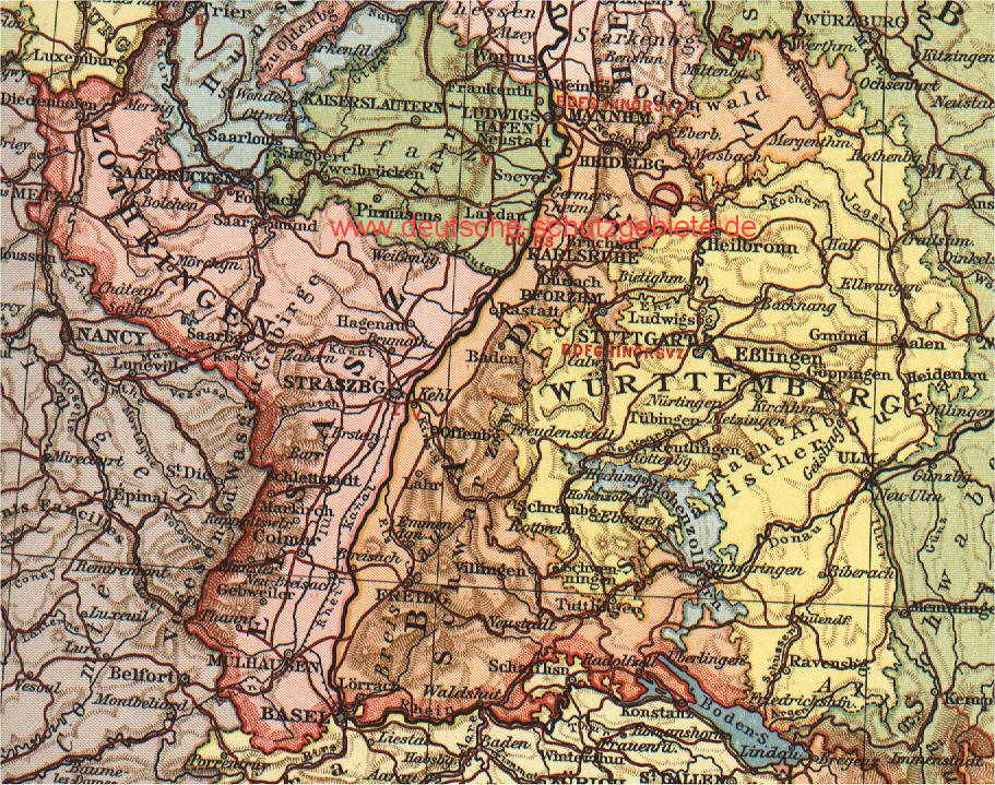 Elsass-Lothringen, Baden, Württemberg, Landkarte 1914