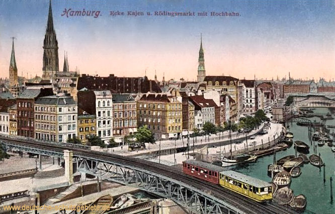 Hamburg, Ecke Kajen und Rödingsmarkt mit Hochbahn