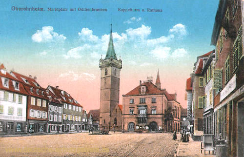 Oberehnheim i. Els., Marktplatz mit Odilienbrunnen Kappelturm und Rathaus