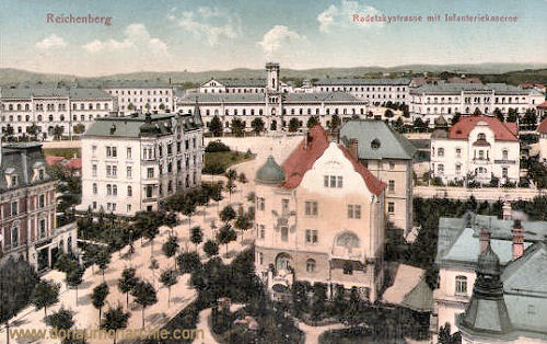 Reichenberg, Radetzkystraße mit Infanterie-Kaserne