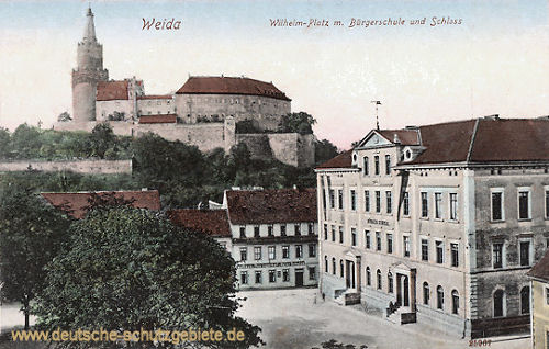 Weida, Wilhelm-Platz mit Bürgerschule und Schloss