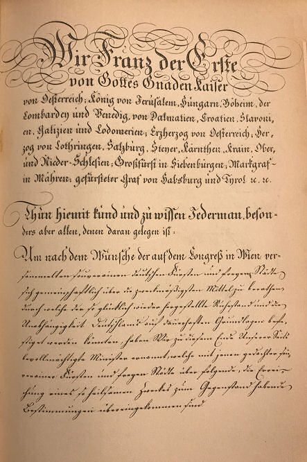 Deutsche Bundesakte 8. Juni 1815, ratifiziert von Kaiser Franz von Österreich (Anfangsseite)