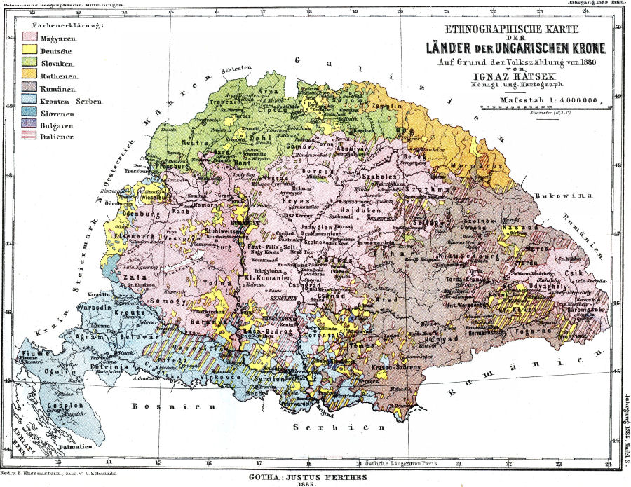 Ethnographische Karte der Länder der Ungarischen Krone aufgrund der Volkszählung von 1880
