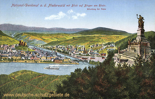 National-Denkmal a. d. Niederwald mit Blich auf Bingen am Rhein. Mündung der Nahe