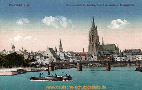 Frankfurt a. M., Untermainbrücke, Fährtor, Dom, Leonhards- und Nicolaikirche