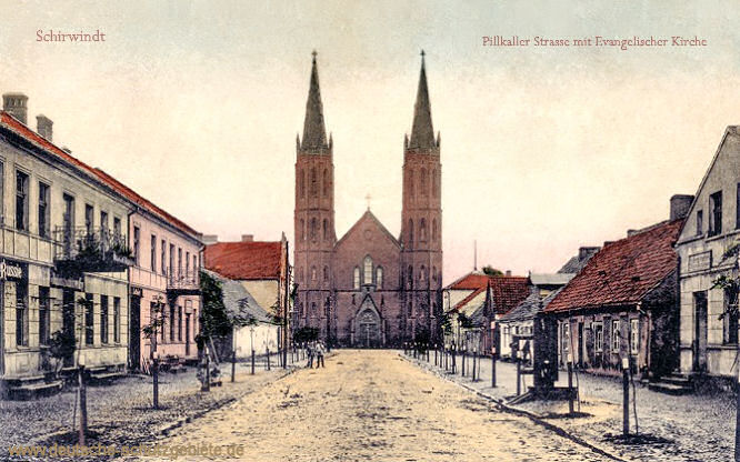 Schirwindt, Pillkaller Straße mit Evangelischer Kirche
