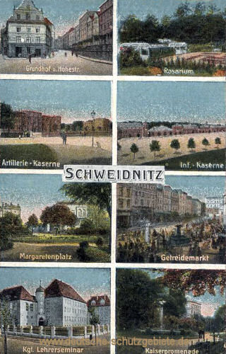 Schweidnitz, Grundhof, Rosarium, Kaserne, Margaretenplatz, Getreidemarkt, Lehrerseminar, Kaiserpromenade