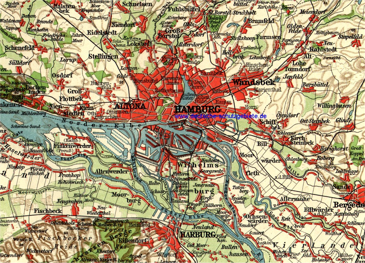 Hamburg und Umgebung, Karte 1912Bundesstaaten, Städte und Kolonien des