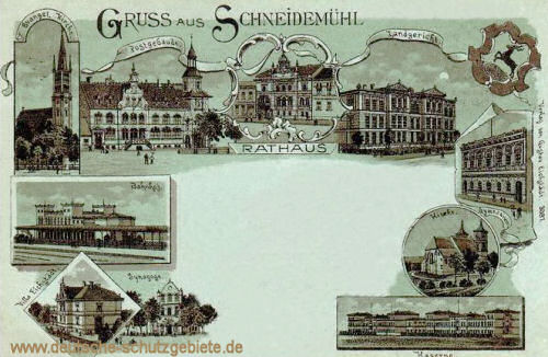 Schneidemühl, Bahnhof, Rathaus, Landgericht, Kirche, Kaserne, Synagoge
