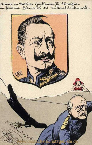 Bismarcks Entlassung, im Hintergrund freut sich Marianne (Frankreich), französische Spottkarte