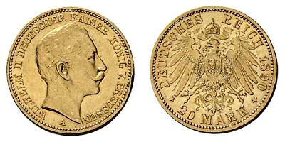Wilhelm II. Deutscher Kaiser und König von Preußen, 20 Mark Münze Deutsches Reich 1890