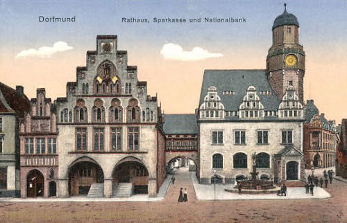 Dortmund, Rathaus, Sparkasse und Nationalbank