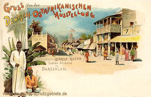 Barra Rasta Inder-Straße in Daresalam, Gruß von der Deutsch-Ostafrikanischen Ausstellung (in Leipzig) 1897