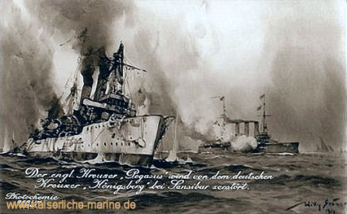 Der englische Kreuzer Pegasus wird von dem deutschen Kreuzer Königsberg bei Sansibar versenkt