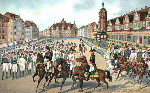 Leipzig, Einzug der Monarchen am 19. Oktober 1813 (Kaiser Franz I. von Österreich, Zar Alexander I. von Rußland und König Friedrich Wilhelm III. von Preußen)