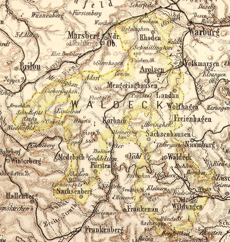 Fürstentum Waldeck, LandkarteBundesstaaten, Städte und Kolonien des