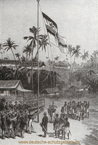 Hissung der deutschen Flagge in Bagida, Togo, am 5.7.1884