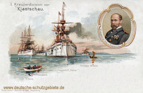 1. Kreuzerdivision vor Kiautschou S.M.S. Arkona, S.M.S. Irene, Flaggschiff Kaiser, S.M.S. Prinzess Wilhelm, Vizeadmiral Otto von Diederichs