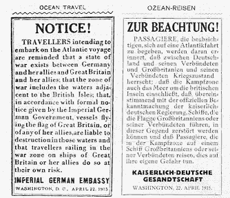 Zeitungsanzeige der deutschen Botschaft vom 22. April 1915