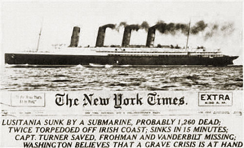 "Lusitania sunk by a submarine", The New York Times vom 8. Mai 1915