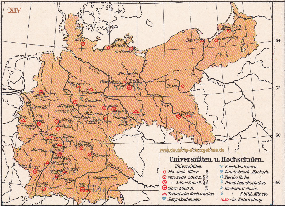 Universitäten und Hochschulen, Landkarte 1910