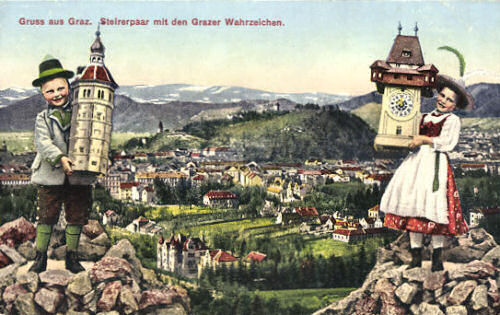 Graz, Steirerpaar mit den Grazer Wahrzeichen