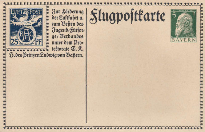 Flugpostkarte; Zur Förderung der Luftfahrt und zum Besten des Jugend-Fürsorge-Verbandes unter dem Protektorate Seiner Königlichen Hoheit des Prinzen Ludwig von Bayern.