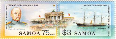 Samoa, das Land mit deutscher Kolonialvergangenheit, würdigt mit einer Sondermarke den Fall der Berliner Mauer 1989 - Motiv das deutsche Kanonenboot S.M.S. Adler 1889