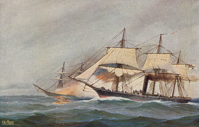 Deutsche Korvette Augusta, einen französischen Dampfer vernichtend, am 4. Januar 1871