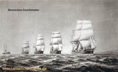 Deutsches Geschwader 1875, v.l.n.r.: S.M.S. Falke, S.M.S. Hansa, S.M.S. Kaiser, S.M.S. Kronprinz, S.M.S. König Wilhelm