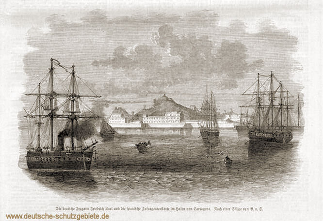 Die deutsche Fregatte Friedrich Carl und die spanische Insurgentenflotte im Hafen von Cartagena