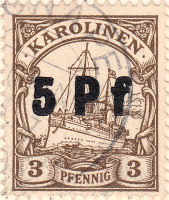 Karolinen, 5 Pf Stempel auf 3 Pfennig-Marke