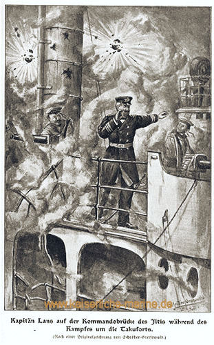 Kapitän Lans auf der Kommandobrücke der Iltis während des Kampfes um die Takuforts