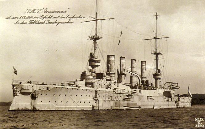 S.M.S. Gneisenau ist am 8.12.1914 im Gefecht mit den Engländern bei den Falklands-Inseln gesunken.