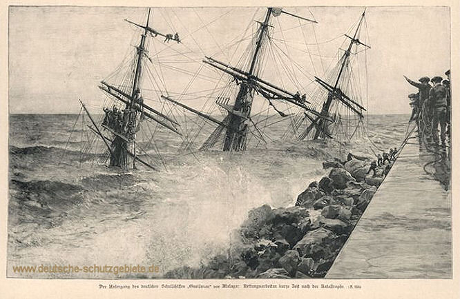 Der Untergang des deutschen Schulschiffes Gneisenau vor Malaga. Rettungsarbeiten kurze Zeit nach der Katastrophe.