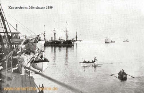 Kaiserreise im Mittelmeer 1889 v.l.n.r.: S.M.S. Kaiser, S.M.S. Deutschland, S.M.S. Leipzig, S.M.S. Jagd und S.M.S. Blitz auf der Reede von Korfu