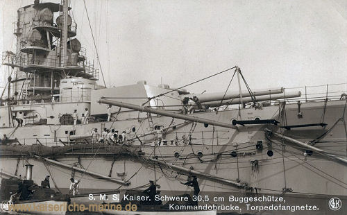 S.M.S. Kaiser, Schwere 30,5 cm Buggeschütze, Kommandobrücke, Torpedofangnetze