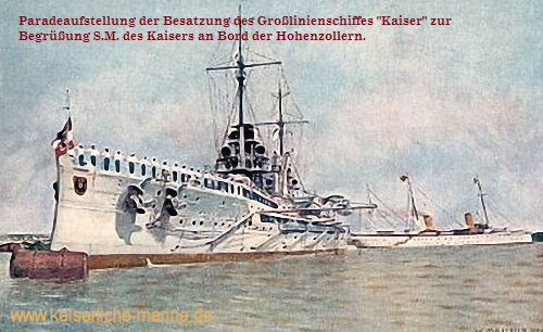 S.M.S. Kaiser, Paradeaufstellung der Besatzung des Großlinienschiffes "Kaiser" zur Begrüßung S.M. des Kaisers an Bord der Hohenzollern.