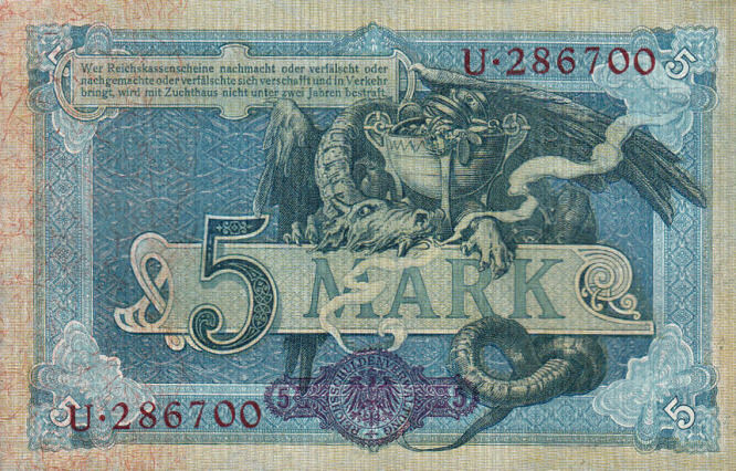 Reichskassenschein 5 Mark 31.09.1904 Rückseite