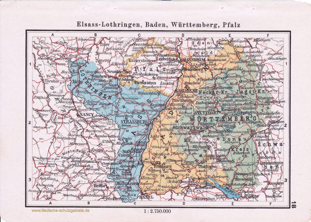 Landkarte Elsass-Lothringen, Baden, Württemberg, Pfalz
