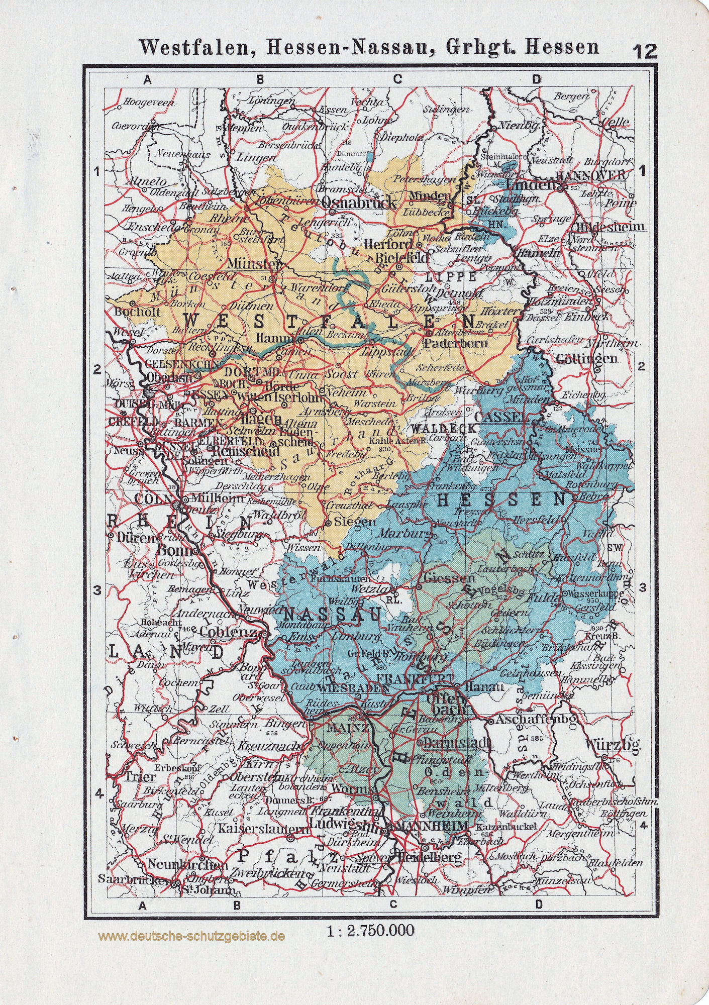 Landkarte Westfalen, Hessen-Nassau, Großherzogtum Hessen, Schaumburg-Lippe, Lippe, Waldeck