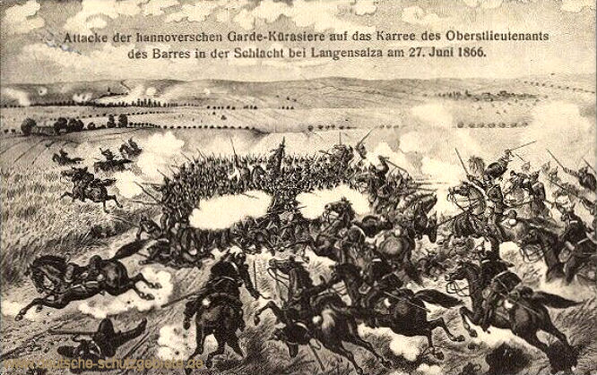 Attacke der hannoverschen Garde-Kürasiere auf das Karree des Oberstleutnants des Barres in der Schlacht bei Langensalza am 27. Juni 1866.