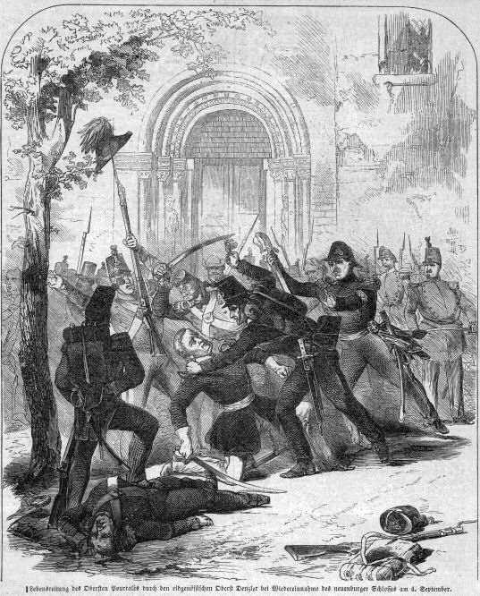 Lebensrettung des Obersten Pourtalès durch den eidgenösischen Oberst Denzler bei der Wiedereinnahme des Einnahme des Neuenburger Schlosses am 4. September 1856