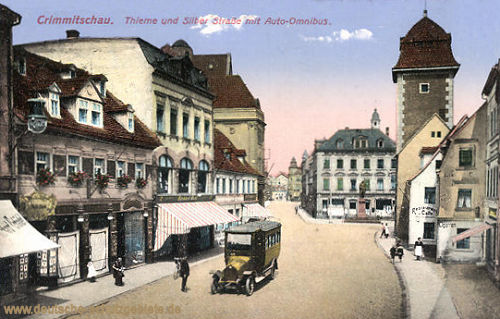 Crimmitschau, Thieme- und Silber-Straße mit Auto-Omnibus