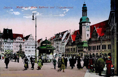 Leipzig, Markt mit Altem Rathaus und Siegesdenkmal