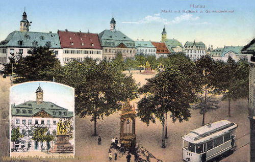 Hanau, Markt mit Rathaus und Grimmdenkmal