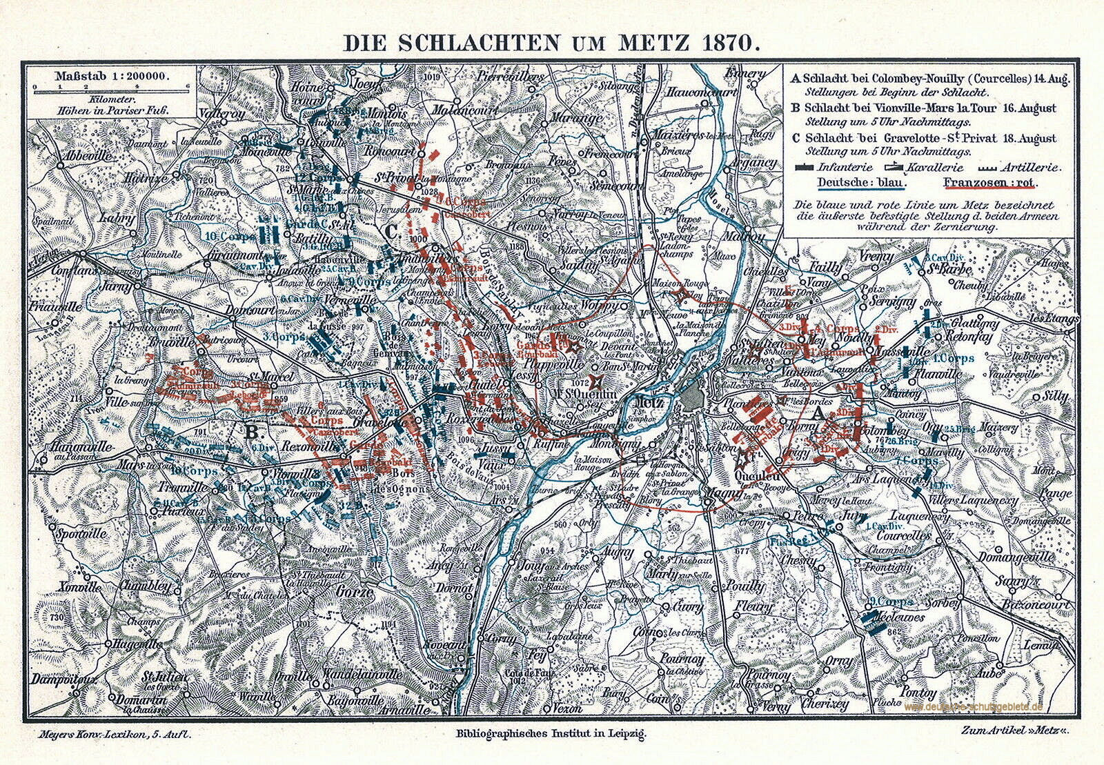 August 1870. Alte Landkarte 1885: Die Kämpfe um Metz am 14. B13 16 und 18