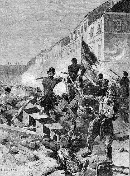 Barrikadenkampf in Berlin am 18. März 1848. Originalzeichnung von G. Becker
